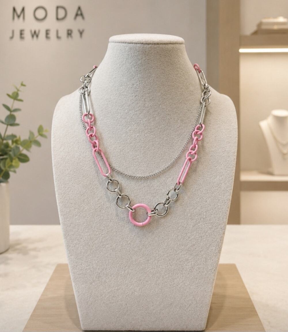 Pomina Silver Pink Layered Necklace New